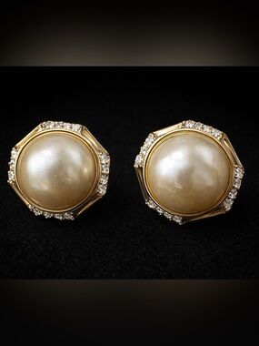Vintage Large Faux Pearl Rhinestone Stud Earrings Gold Tone Statement